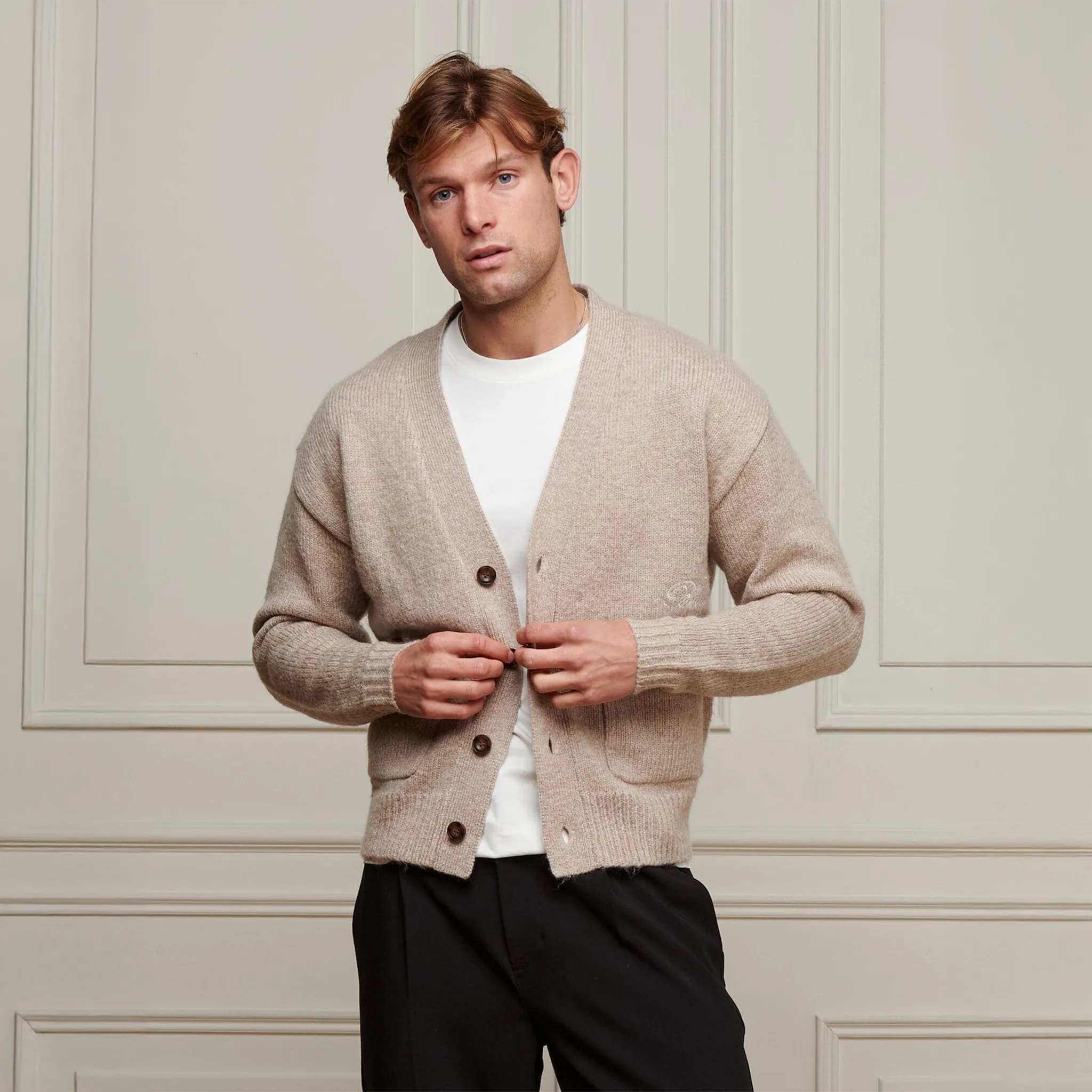 Front View of Belier Relaxed Fit Knitted Beige Cardigan